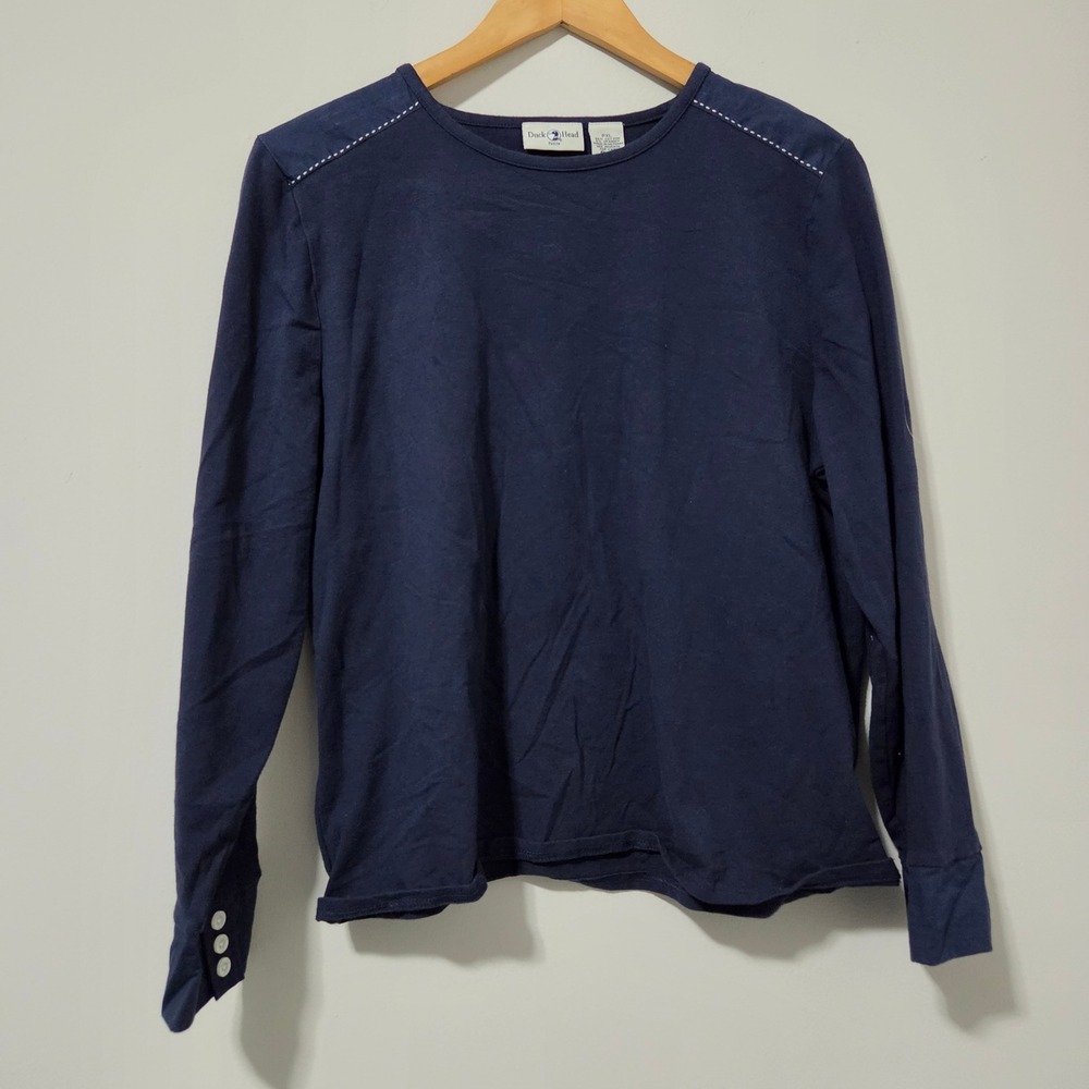 Duck Head Petite Navy Blue Long Sleeve Top Contrast Stitch PXL‎ Cotton Blend